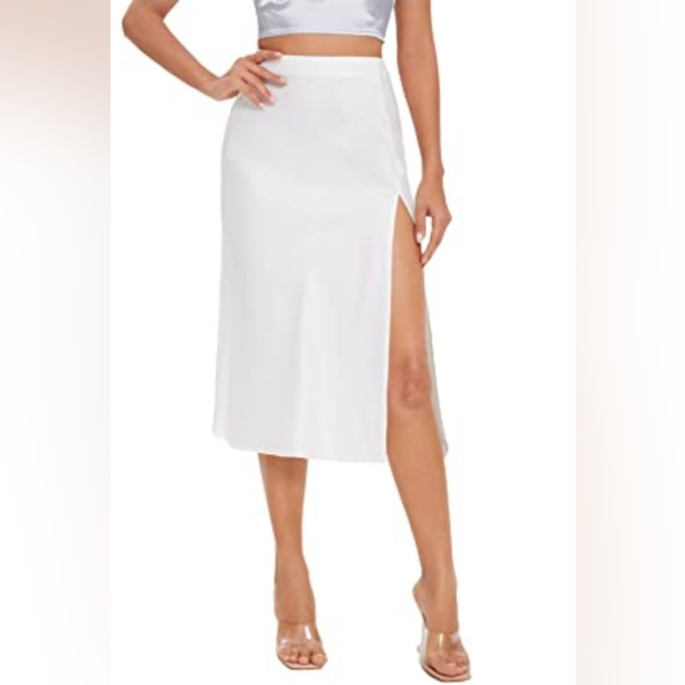 Shein Women's High Waist Satin Skirts Split Thigh Zipper Midi Skirt NWOT